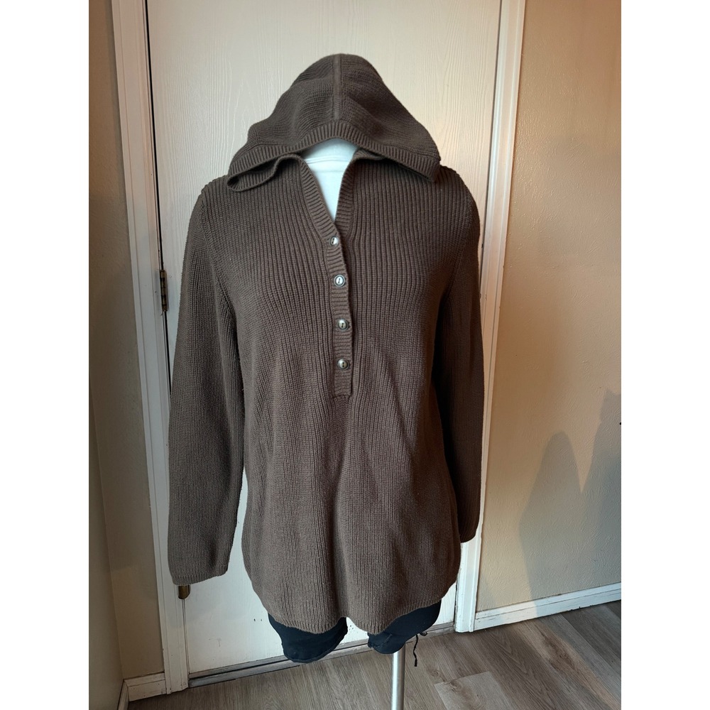 Chico's Brown Ribbed Cotton Hooded Henley Sweater Size 2 L Large